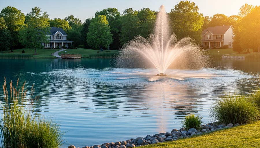 Large aeration fountain with multi-tier spray operating near the center of a one-acre residential pond at golden hour, viewed from the shoreline with grasses, stones, and a small dock; a house and trees sit in the softly blurred distance.