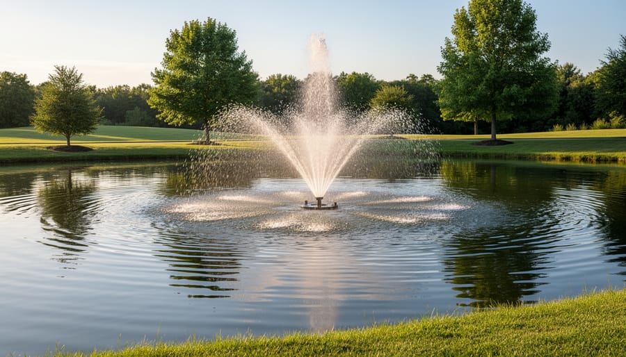 Large decorative fountain operating in residential one-acre pond with multiple water spray tiers