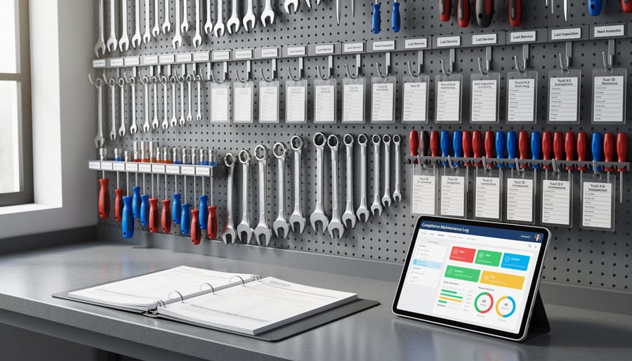 Workshop pegboard with organized power tools and maintenance tags