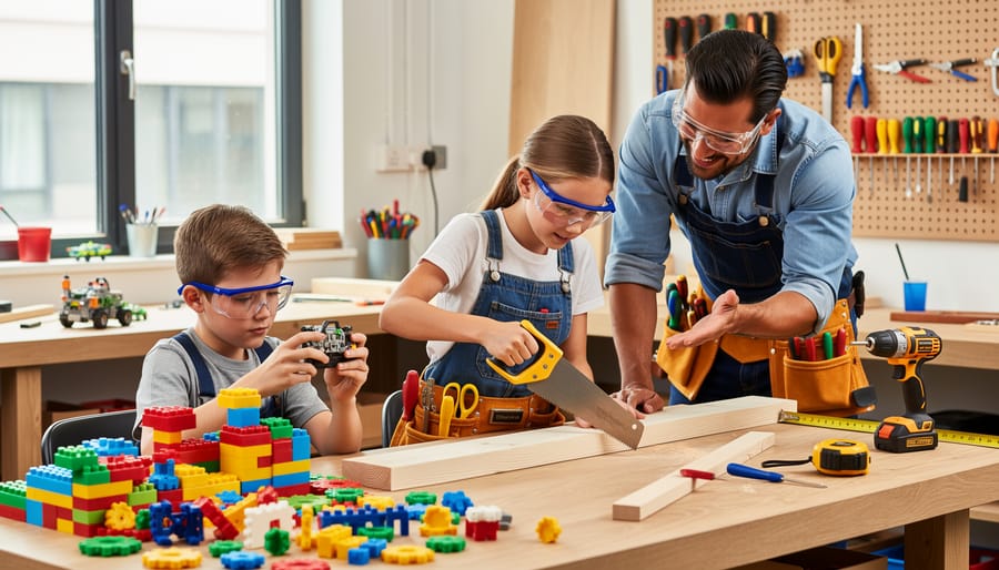 Parent supervising child using hand tools on woodworking project in workshop