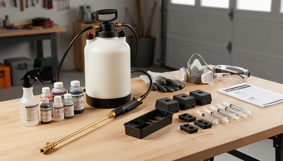 Overhead view of pest control tools and safety equipment on workbench