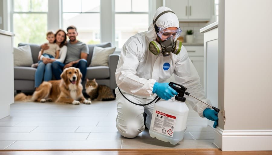 Person wearing full protective safety gear while applying pest control treatment