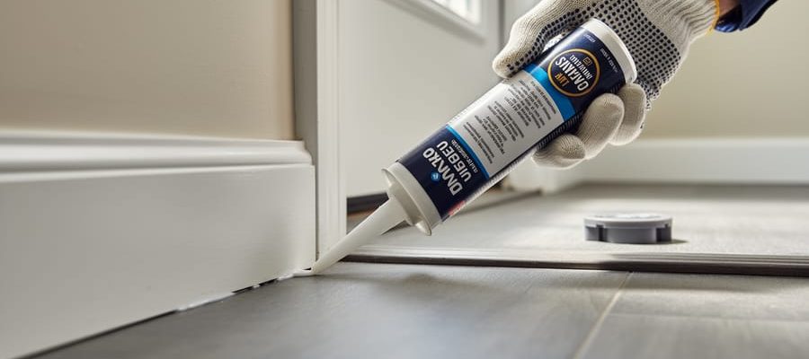 Close-up of a gloved hand applying clear caulk to a small crack along an interior baseboard near a door threshold, lit by soft natural light, with a blurred ant bait station in the background.