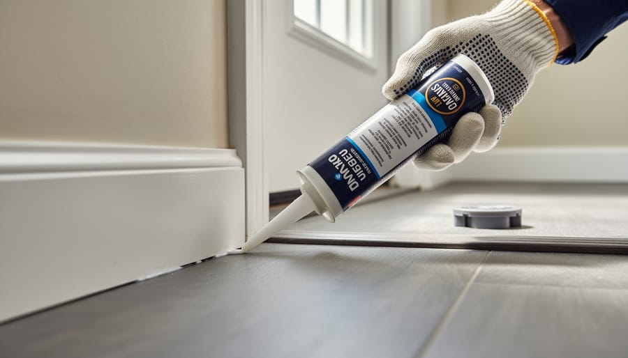 Close-up of a gloved hand applying clear caulk to a small crack along an interior baseboard near a door threshold, lit by soft natural light, with a blurred ant bait station in the background.