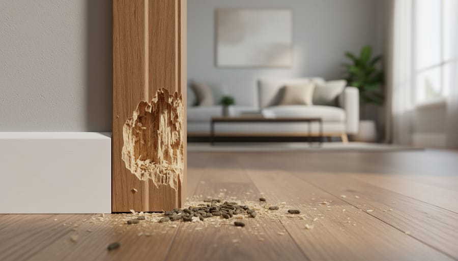 Close-up of pest warning signs including droppings and damage to baseboards