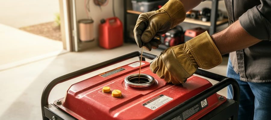 Gloved hands inspecting the oil dipstick on a red portable generator on level concrete, with a fuel can, air filter, and multimeter leads softly blurred in a garage background.