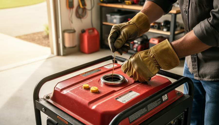 Gloved hands inspecting the oil dipstick on a red portable generator on level concrete, with a fuel can, air filter, and multimeter leads softly blurred in a garage background.