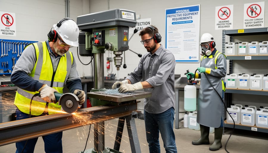 Construction worker wearing mandatory PPE while operating power tools on site