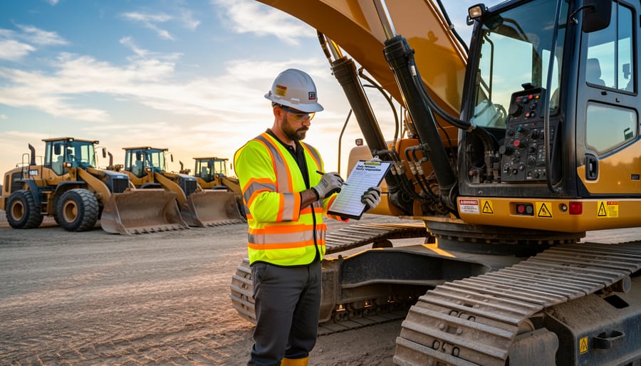 Construction worker performing safety inspection on excavator before operation