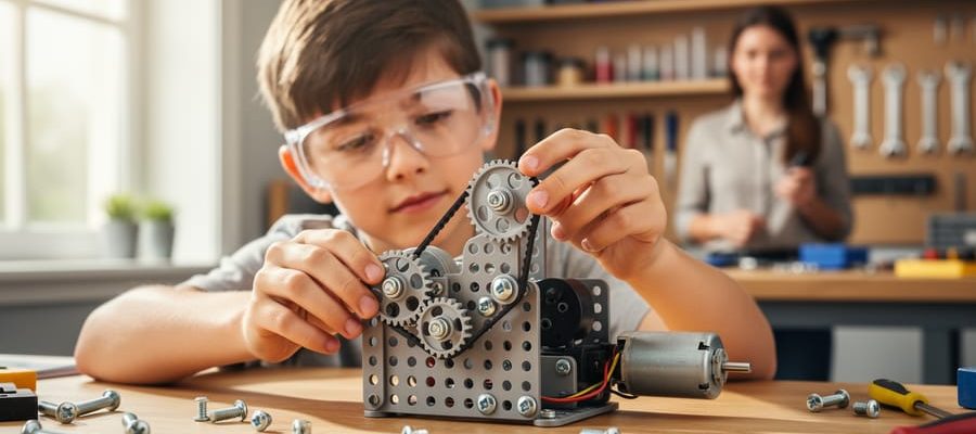 Twelve-year-old wearing safety goggles uses a screwdriver to assemble a gear-driven model with screws and a small motor on a wooden workbench, with a tidy home workshop and a supervising adult softly blurred in the background.