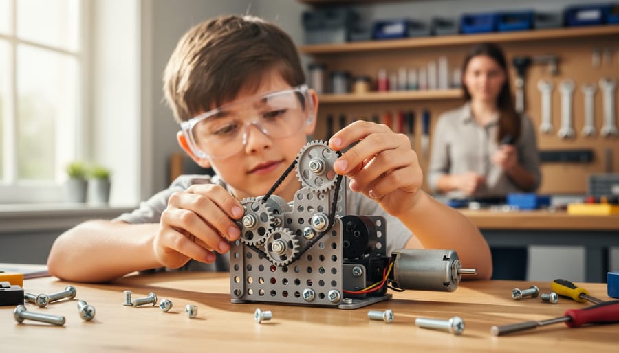 Twelve-year-old wearing safety goggles uses a screwdriver to assemble a gear-driven model with screws and a small motor on a wooden workbench, with a tidy home workshop and a supervising adult softly blurred in the background.