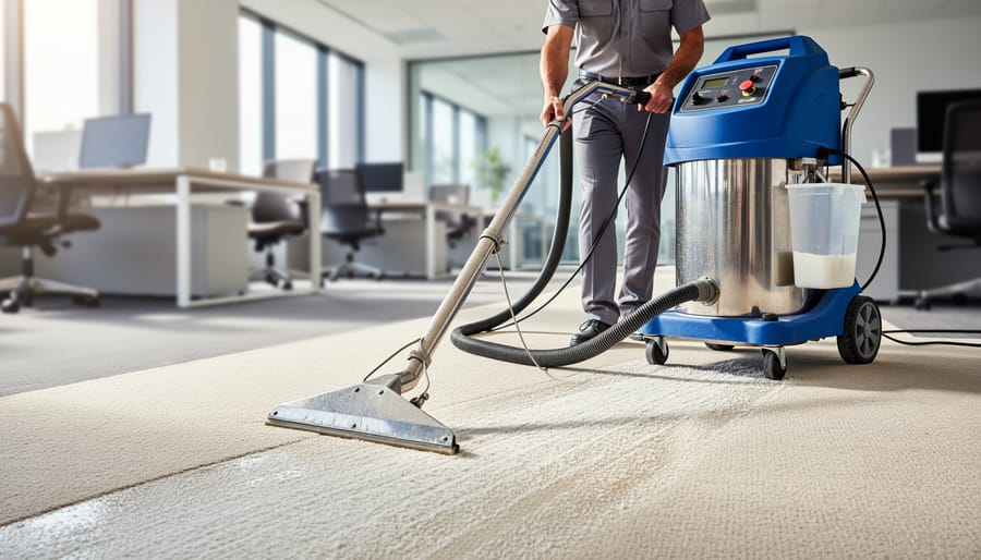 Commercial carpet extractor machine positioned on office carpet showing tank and hose system