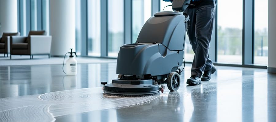 Professional cleaner guiding a walk-behind floor scrubber in overlapping S-shaped passes on a polished concrete lobby floor, with sharp focus on the scrubber head and gloved hands; diffused daylight and unbranded equipment; glass walls and seating softly blurred in the background.