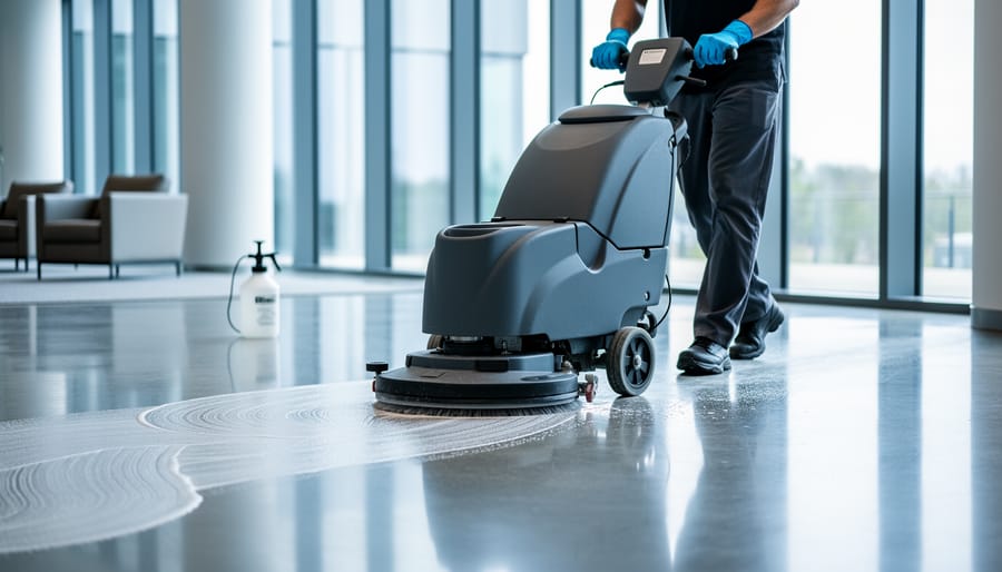 Professional cleaner guiding a walk-behind floor scrubber in overlapping S-shaped passes on a polished concrete lobby floor, with sharp focus on the scrubber head and gloved hands; diffused daylight and unbranded equipment; glass walls and seating softly blurred in the background.
