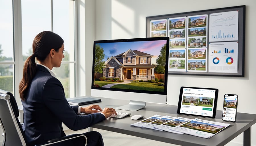 Real estate agent taking professional photos of staged home interior for marketing
