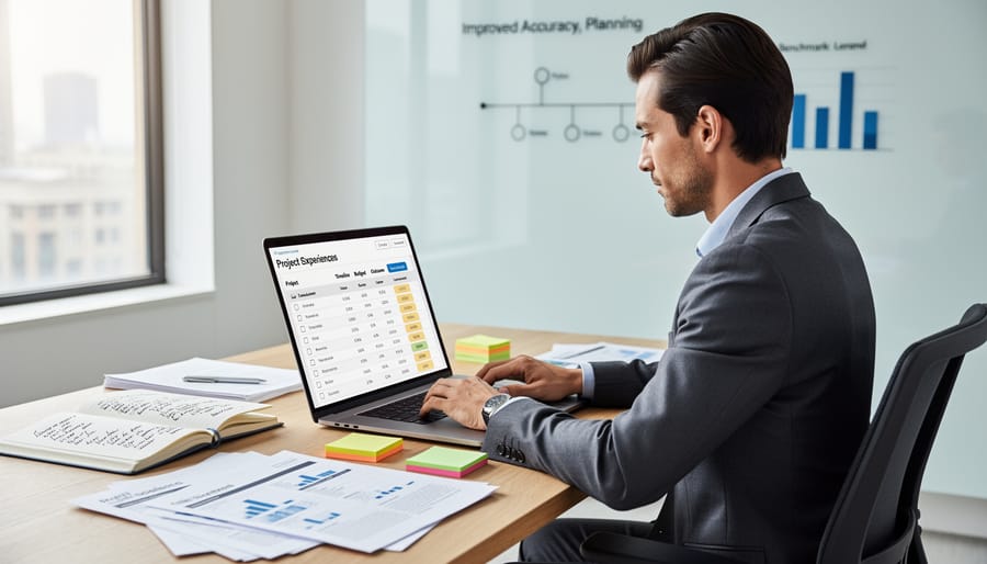 Person documenting project details in journal with laptop and rental tool information