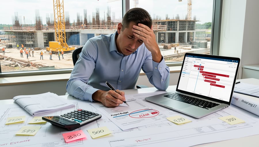 Construction worker reviewing project receipts and invoices on workbench with tools