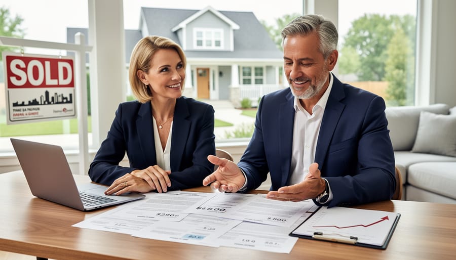 Professional real estate agent confidently presenting contract during negotiation meeting