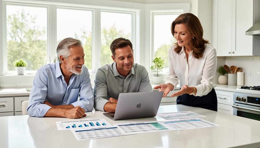 Real estate agent reviewing detailed sales history documents with homeowner clients at desk