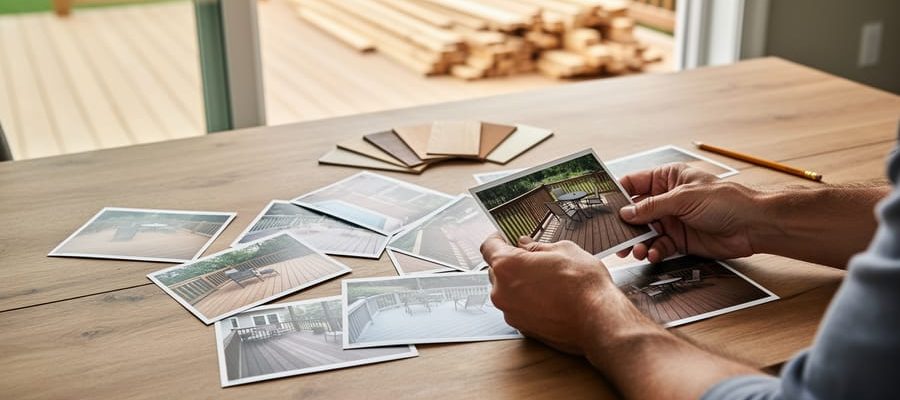 Person at a wooden table sorting printed photos of similar backyard decks with wood samples and a pencil, soft daylight, shallow depth of field, and a partially built deck with stacked lumber blurred in the background.