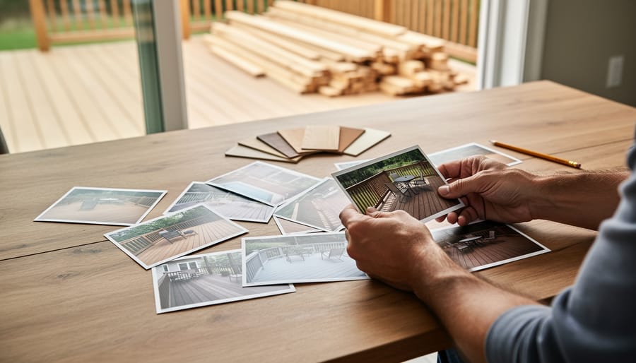 Person at a wooden table sorting printed photos of similar backyard decks with wood samples and a pencil, soft daylight, shallow depth of field, and a partially built deck with stacked lumber blurred in the background.