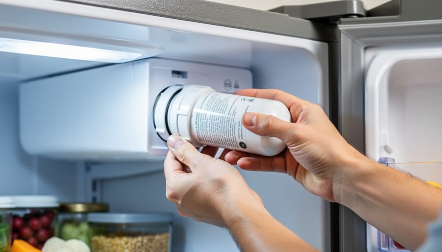 Person's hands removing water filter from GE refrigerator compartment