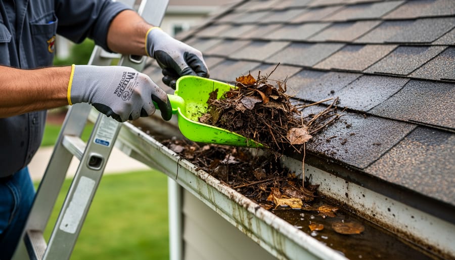 Close-up of gloved hands using scoop to remove wet leaves and debris from gutter