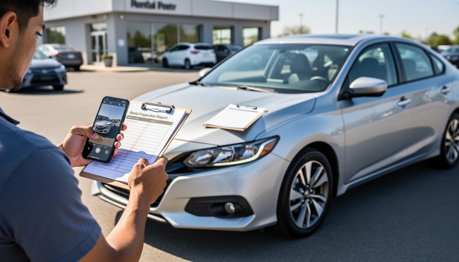 Renter photographing rental tool condition with smartphone for documentation