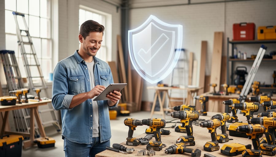 Professional construction tools with rental tags displayed on workbench
