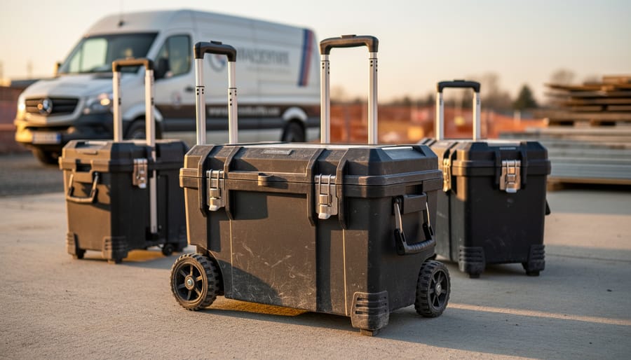 Tradesperson loading rolling toolbox into pickup truck bed