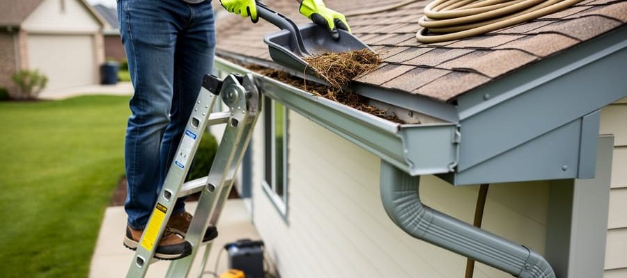 Homeowner wearing gloves on a stabilized extension ladder cleaning debris from a house gutter near the downspout with a gutter scoop, garden hose nearby, overcast daylight, single-story home, blurred yard in background.