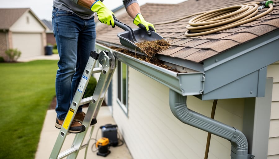 Homeowner wearing gloves on a stabilized extension ladder cleaning debris from a house gutter near the downspout with a gutter scoop, garden hose nearby, overcast daylight, single-story home, blurred yard in background.
