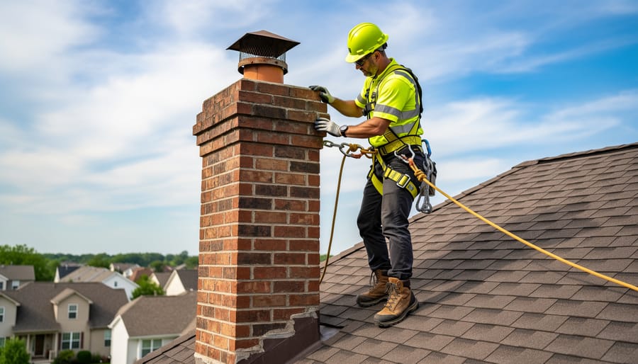 Homeowner wearing safety harness and helmet inspecting chimney from roof