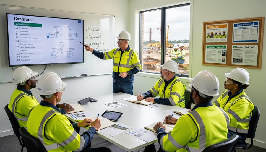 Workers discussing safety procedures and equipment operation in industrial setting