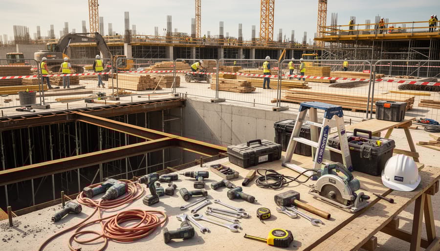 Overhead view of construction tools and equipment scattered across job site work area