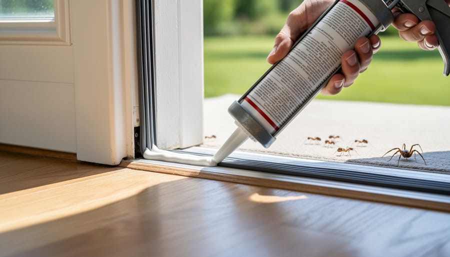 Hands using caulking gun to seal window gap for pest prevention