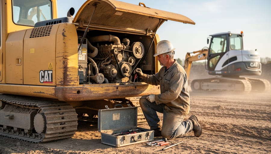 Mechanic performing maintenance on vintage construction equipment hydraulic system