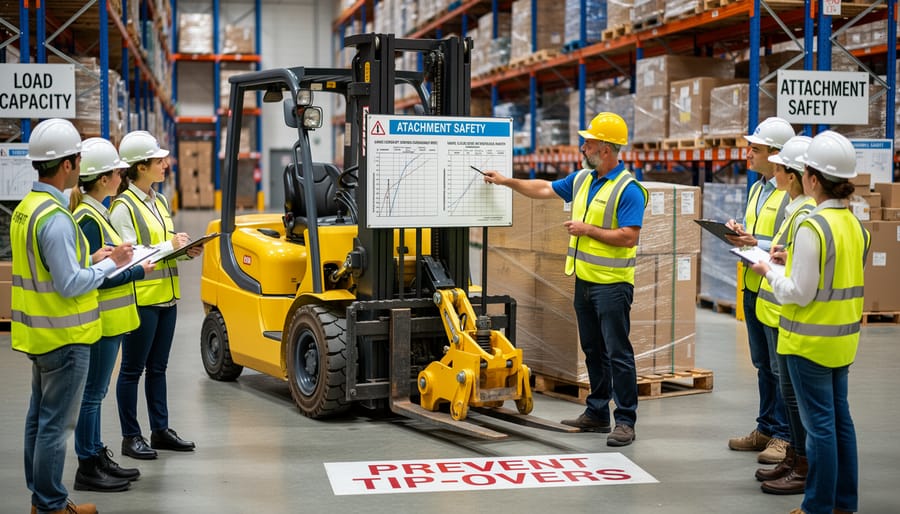 Skid steer loader safely operating with bucket attachment at construction site