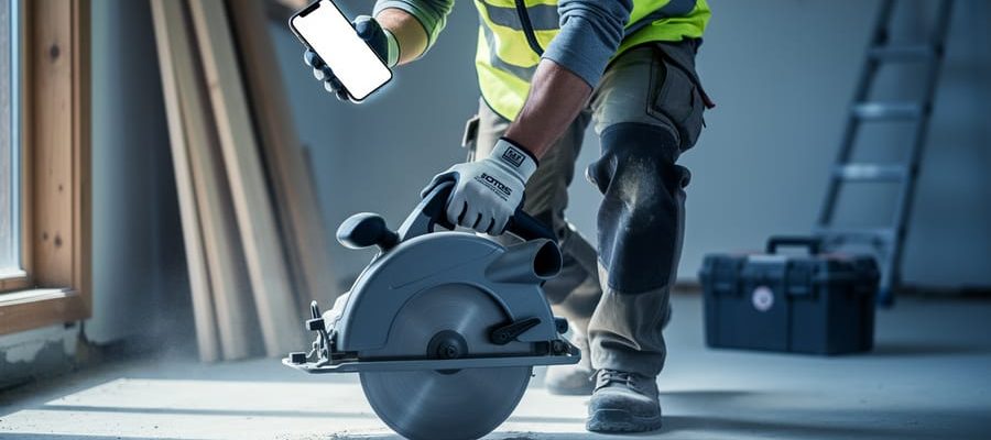 Construction professional in safety gear operating a compact cordless concrete saw on a renovation floor while glancing at a smartphone with a text-free app interface, soft side daylight, blurred background with lumber, ladder, and toolbox