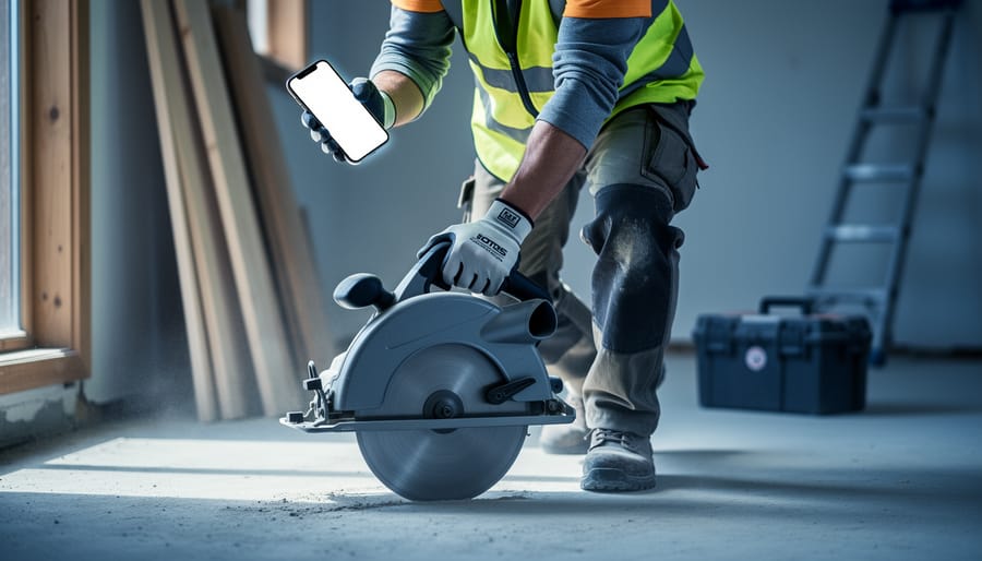 Construction professional in safety gear operating a compact cordless concrete saw on a renovation floor while glancing at a smartphone with a text-free app interface, soft side daylight, blurred background with lumber, ladder, and toolbox