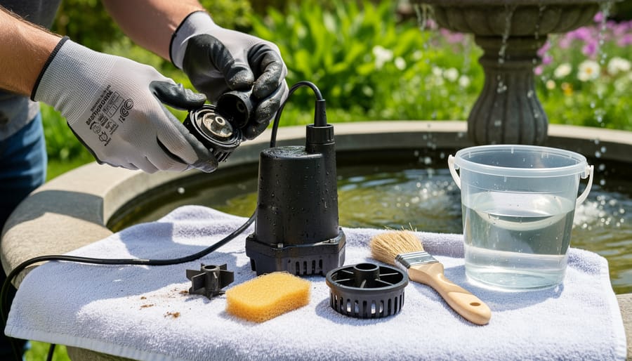 Hands in work gloves cleaning debris from pond fountain pump intake during spring maintenance