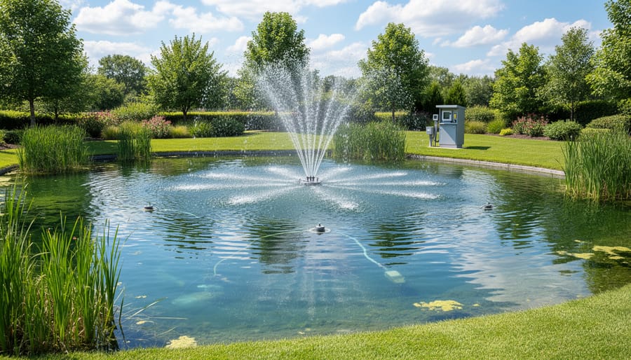 Pond fountain operating in summer conditions with visible algae bloom around pond edges