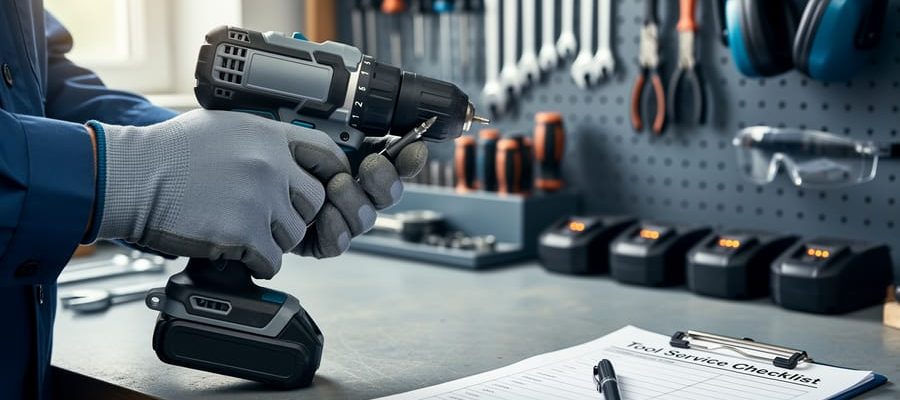 Gloved hands maintain a cordless power drill on a clean workbench beside a clipboard and pen, with blurred pegboard tools, battery chargers, and safety equipment in the background under soft daylight.