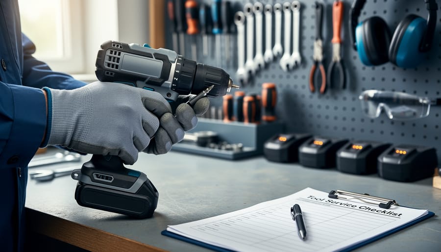 Gloved hands maintain a cordless power drill on a clean workbench beside a clipboard and pen, with blurred pegboard tools, battery chargers, and safety equipment in the background under soft daylight.
