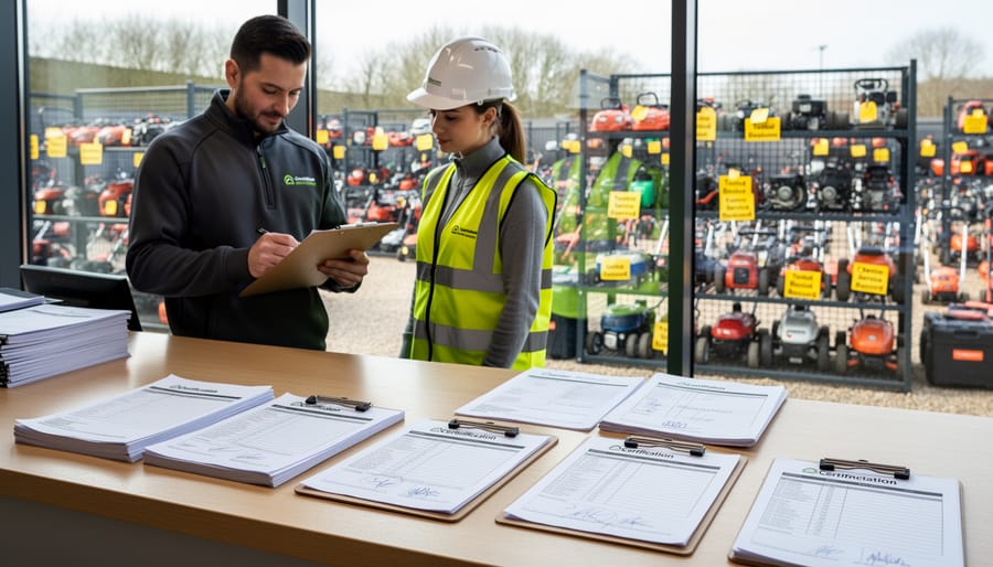 Worker reviewing compliance certification documents next to power tools on workbench