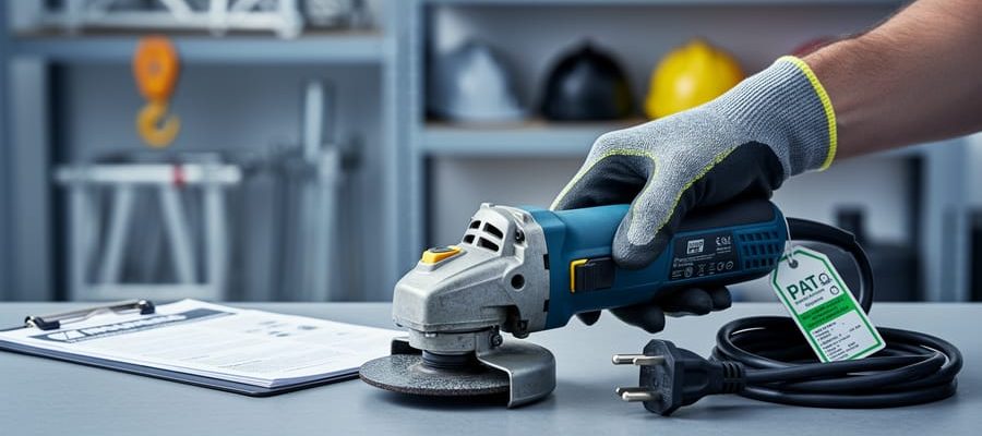 Gloved hand examining a hired angle grinder on a hire shop counter, showing compliance markings, a PAT test tag, and a British three-pin plug, with a manual and clipboard slightly out of focus and shelving with scaffolding, a lifting hook, and hard hats blurred in the background.