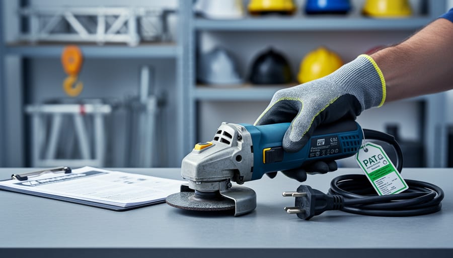 Gloved hand examining a hired angle grinder on a hire shop counter, showing compliance markings, a PAT test tag, and a British three-pin plug, with a manual and clipboard slightly out of focus and shelving with scaffolding, a lifting hook, and hard hats blurred in the background.