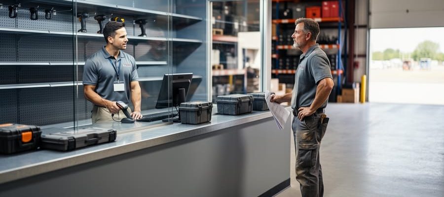 A customer stands at a tool rental counter facing mostly empty metal shelves while a staff member checks availability; warehouse racks and an open loading bay appear softly blurred in the background.