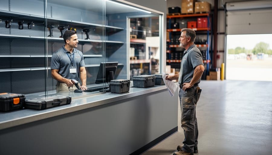 A customer stands at a tool rental counter facing mostly empty metal shelves while a staff member checks availability; warehouse racks and an open loading bay appear softly blurred in the background.