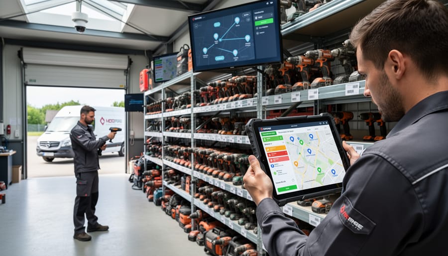 Interior of professional tool rental warehouse with organized equipment on shelving